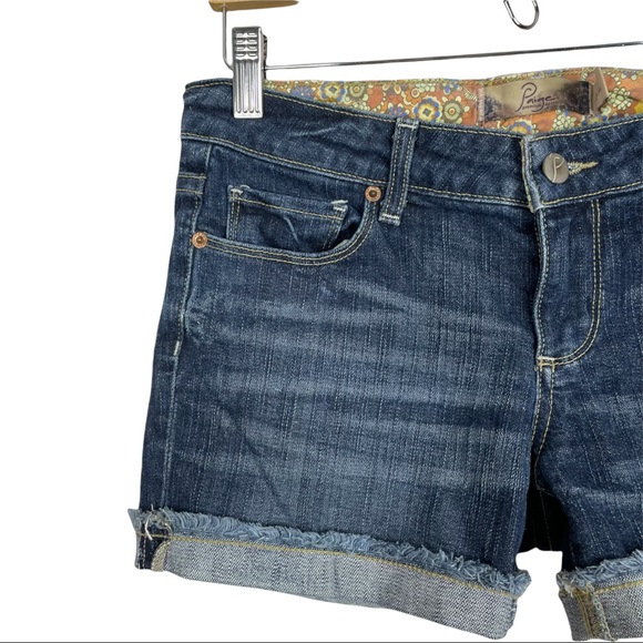 Paige Jimmy Jimmy Shorts Dark Wash Low Rise Raw Cuffed Hem Pre Faded & Feathered - Picture 3 of 11
